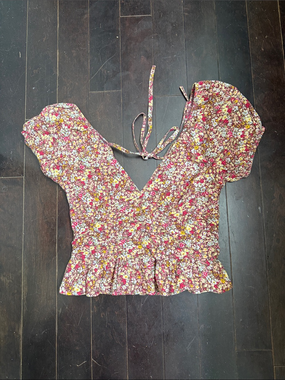 Floral V-Neck Peplum Top - Pink Multi